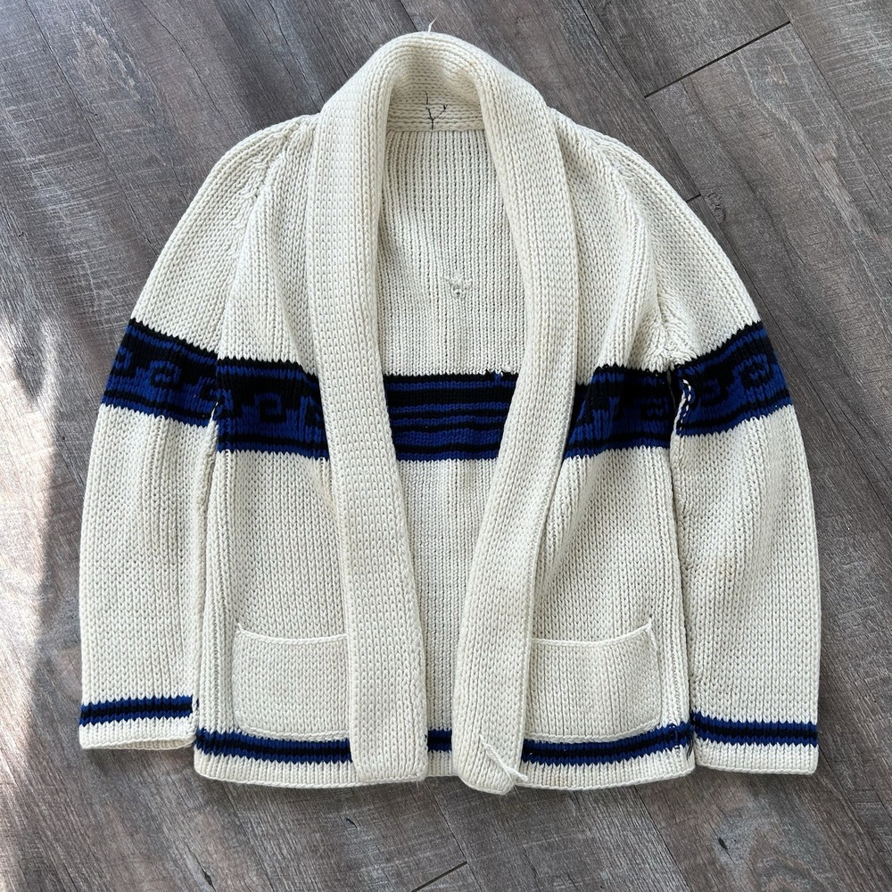 Vintage 70s 80s Cream Shawl Collar Cardigan Sweater Blue Greek Key Stripe